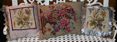 Lot 2146 - Three Needlepoint Upholstered Throw Pillows