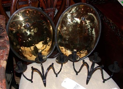 Lot 1370 - Pair of Iron and Brass Three-Light Sconces...