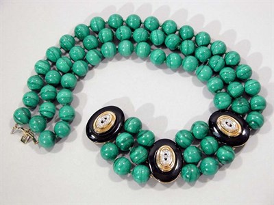 Lot 306 - Triple Strand Malachite Bead, Black Onyx and Diamond Necklace