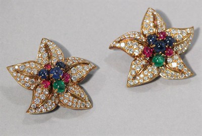 Lot 216 - Pair of Ruby, Sapphire, Emerald and Diamond Flower Earclips