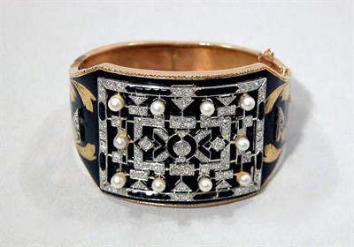 Lot 223 - Black Enamel, Diamond and Pearl Bangle