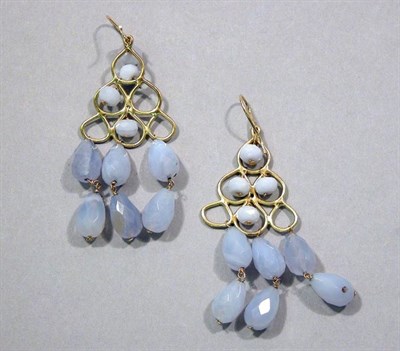 Lot 556 - Pair of Gold and Lavender Chalcedony Pendant Earrings