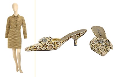 Lot 154 - Prada Gold Matelasse Brocade Dress and Shoes...