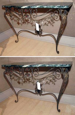 Lot 3350 - Pair of Marble Top Scrolled Iron Consoles...