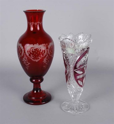 Lot 1330 - Etched Ruby Glass Vase; Together with a Clear...