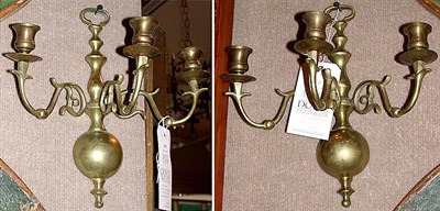 Lot 1307 - Pair of Georgian Style Brass Three-Light Sconces