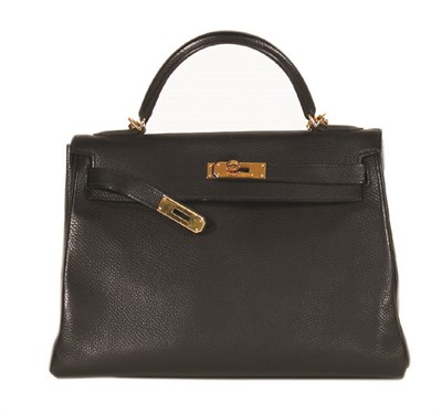 Lot 238 - Hermes Black Leather Kelly Handbag Gilt-metal...