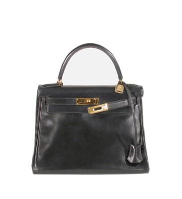 Lot 237 - Hermes Black Leather Kelly Handbag Gilt-metal...