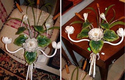 Lot 1302 - Pair of Tole Floriform Sconces Height 30 inches.