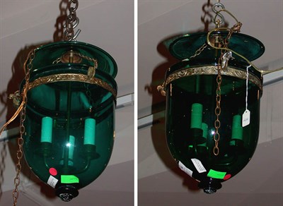 Lot 1582 - Two Green Glass Three-Light Hall Lanterns...