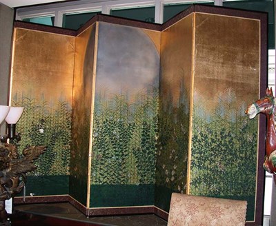 Lot 542 - Asian Stylized Landscape Painted Six-Panel...