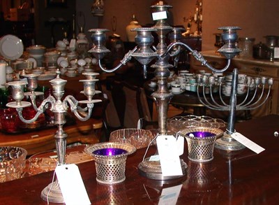 Lot 362 - Three Silver Plated Candelabra; Together with...