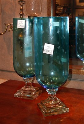 Lot 454 - Pair of Blue Cut Glass Vases Height 16 inches.