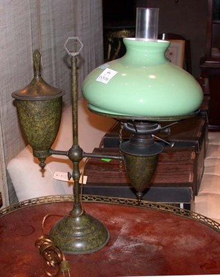 Lot 406 - Patinated-Metal Student Lamp with Green Glass...