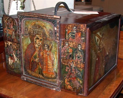 Lot 180 - Stained Wood Storage Box Decorated with an Icon