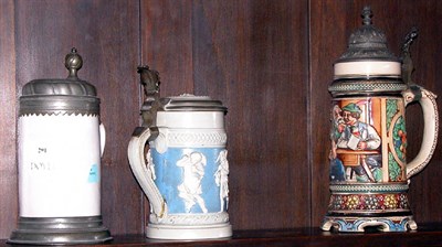 Lot 291 - Three Pewter Mounted Ceramic Steins