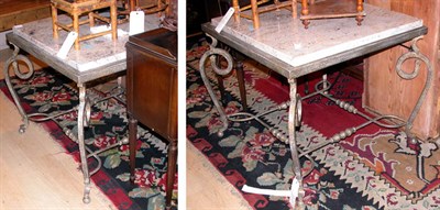 Lot 298 - Pair of Marble Top Scroll Iron Side Tables...