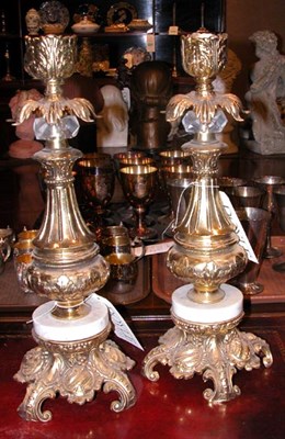 Lot 304 - Pair of Brass and Marble Candlesticks