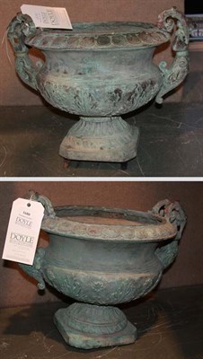 Lot 1680 - Pair of Patinated-Metal Garden Urns Height 13...