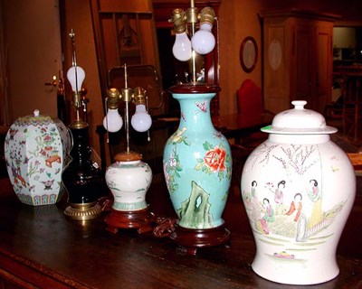 Lot 1253 - Pair of Chinese Ceramic Baluster-Form Lamps;...