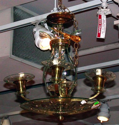 Lot 632 - Brass and Etched Glass Four-Light Chandelier