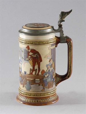 Lot 2342 - Mettlach Pewter Mounted Stoneware One-Liter...