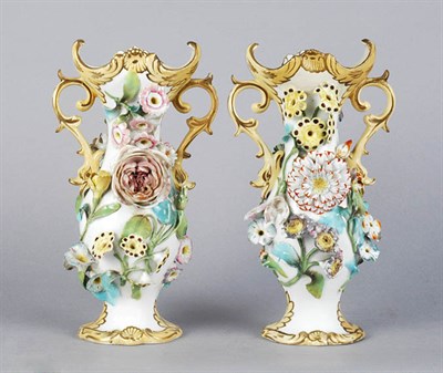 Lot 3332 - Pair of Floral Encrusted Porcelain Vases