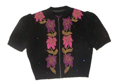 Lot 43 - Crewelwork Embroidered Black Wool Cardigan...