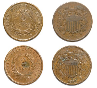 Lot 2484 - Two Cents, Approximately Eighteen Coins, 1864 to 1871