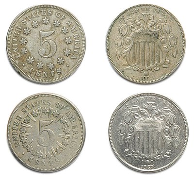 Lot 2493 - Shield Nickels, Approximately Twenty-One Coins, 1866 to 1883