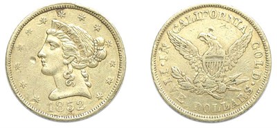 Lot 2646 - 1852, Wass, Molitor & Co., $5 Small Head Gold
