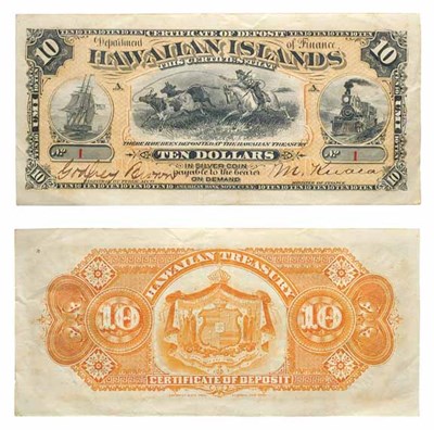 Lot 2695 - Kingdom of Hawaii (Hawaiian Islands) $10 Certificate of Deposit.  Pick 1a
