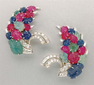 Lot 1479 - Pair of Art Deco Carved Sapphire, Ruby and Emerald and Diamond Earclips