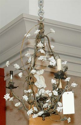 Lot 408 - Floral Decorated Metal Three-Light Chandelier