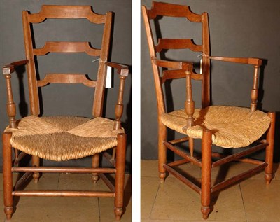 Lot 167 - Pair of Fruitwood Rush Seat Ladder Back Armchairs