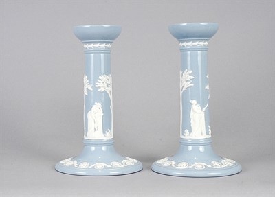 Lot 4015 - Pair of Wedgwood Blue Queens Ware Candlesticks...