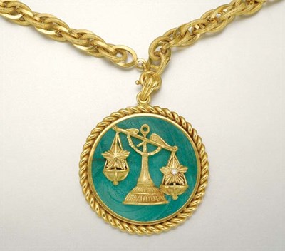 Lot 1006 - Gold, Malachite and Diamond Libra Pendant with Gold Chain