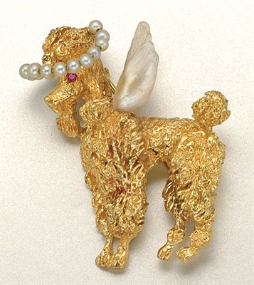 Lot 1007 - Gold, Freshwater Pearl, Seed Pearl and Ruby Poodle Pin