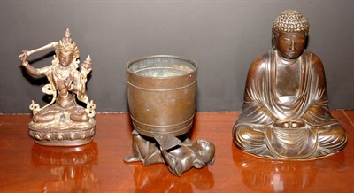 Lot 3313 - Three Asian Bronzes, Planter, Seated Buddha...