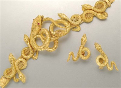 Lot 1016 - Gold Mesh Snake Bracelet and Pair of Earrings