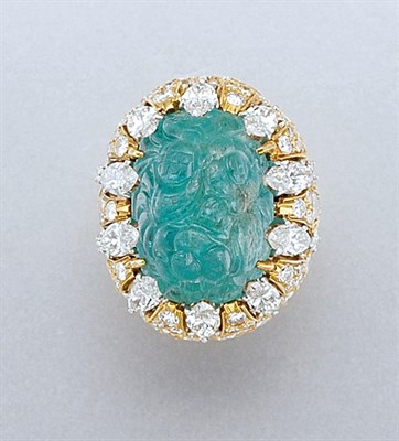 Lot 1459 - Carved Emerald and Diamond Ring