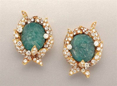 Lot 1461 - Pair of Carved Emerald and Diamond Flower Earclips