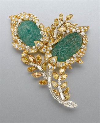 Lot 1460 - Carved Emerald, Treated Diamond and Diamond Flower Brooch