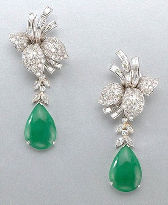 Lot 1462 - Pair of Diamond and Jade Pendant Earrings