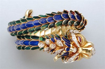Lot 1454A - Gold, Enamel, Diamond and Ruby Dragon Bangle