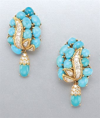 Lot 1464 - Pair of Turquoise and Diamond Pendant Earclips