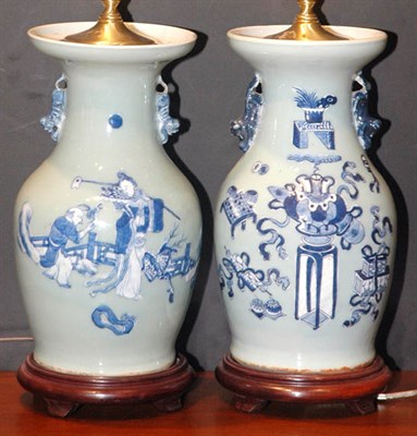 Lot 422 - Pair of Chinese Blue and Celadon Porcelain Lamps
