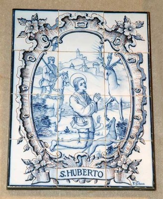 Lot 161 - Horn and Blue and White Tile Picture Depicting...