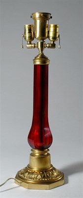 Lot 4170 - Gilt-Metal Mounted Ruby Glass Three-Light Lamp...
