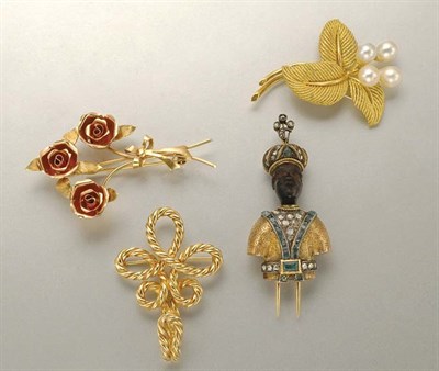 Lot 1004 - Group of Two Gold Brooches, Metal Brooch and Blackamoor Clip